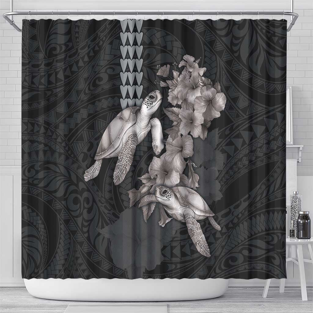 Hawaiian Turtle Love Couple Shower Curtain - Sweet Hibiscus and Kakau Pattern Grayscale Color LT03 - Polynesian Pride