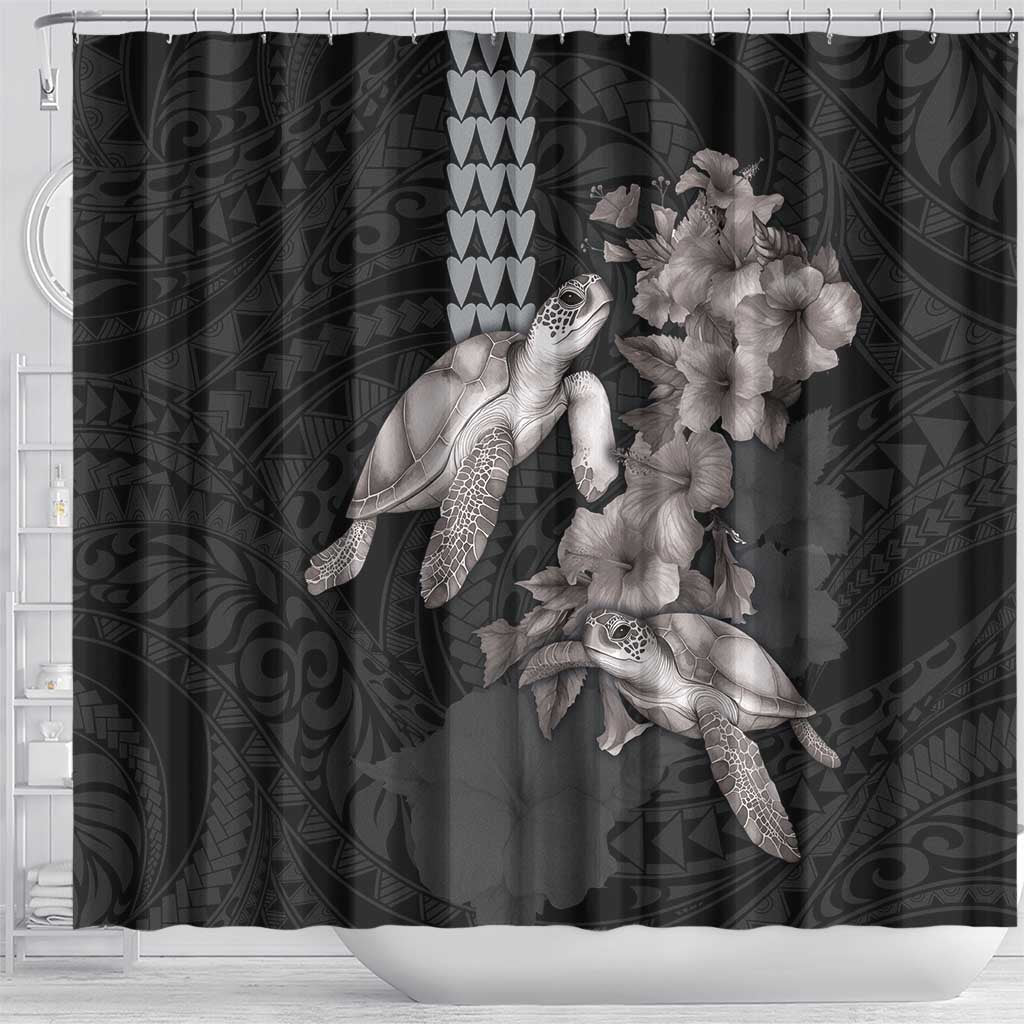 Hawaiian Turtle Love Couple Shower Curtain - Sweet Hibiscus and Kakau Pattern Grayscale Color LT03 - Polynesian Pride