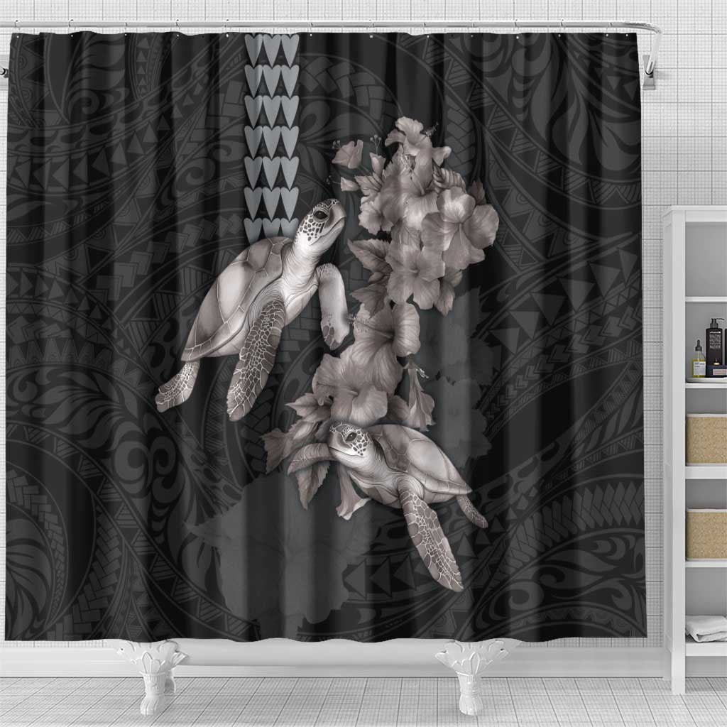 Hawaiian Turtle Love Couple Shower Curtain - Sweet Hibiscus and Kakau Pattern Grayscale Color LT03 - Polynesian Pride