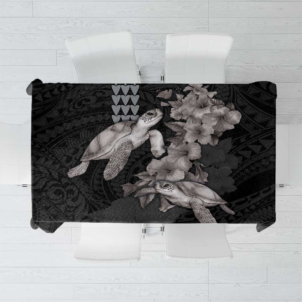 Hawaiian Turtle Love Couple Tablecloth - Sweet Hibiscus and Kakau Pattern Grayscale Color LT03 Black - Polynesian Pride