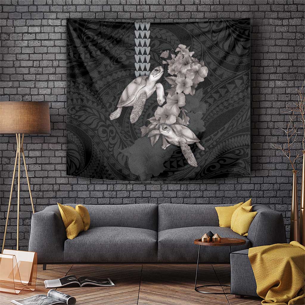 Hawaiian Turtle Love Couple Tapestry - Sweet Hibiscus and Kakau Pattern Grayscale Color LT03 Black - Polynesian Pride