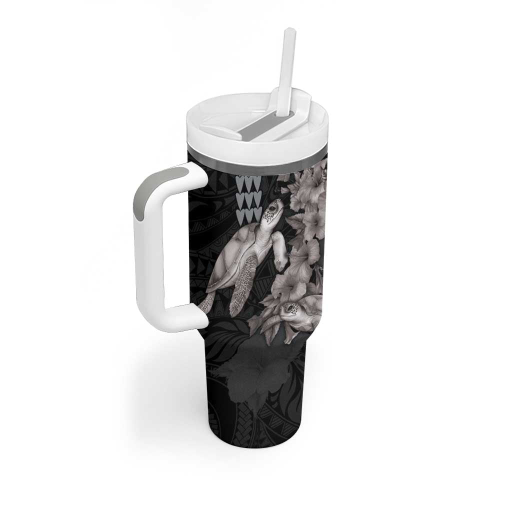 Hawaiian Turtle Love Couple Tumbler With Handle Sweet Hibiscus and Kakau Pattern Grayscale Color