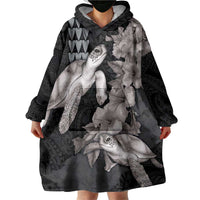 Hawaiian Turtle Love Couple Wearable Blanket Hoodie - Sweet Hibiscus and Kakau Pattern Grayscale Color