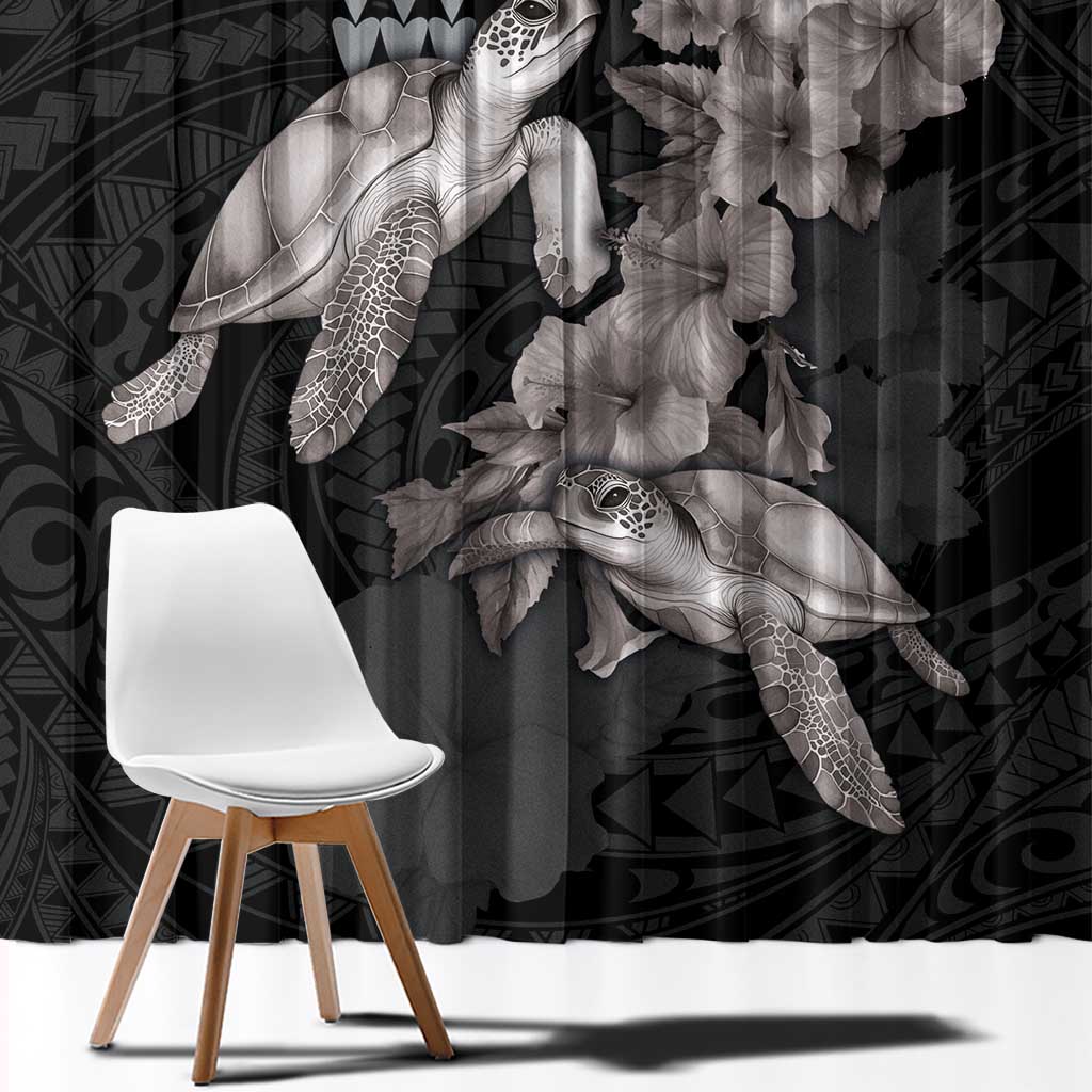 Hawaiian Turtle Love Couple Window Curtain - Sweet Hibiscus and Kakau Pattern Grayscale Color