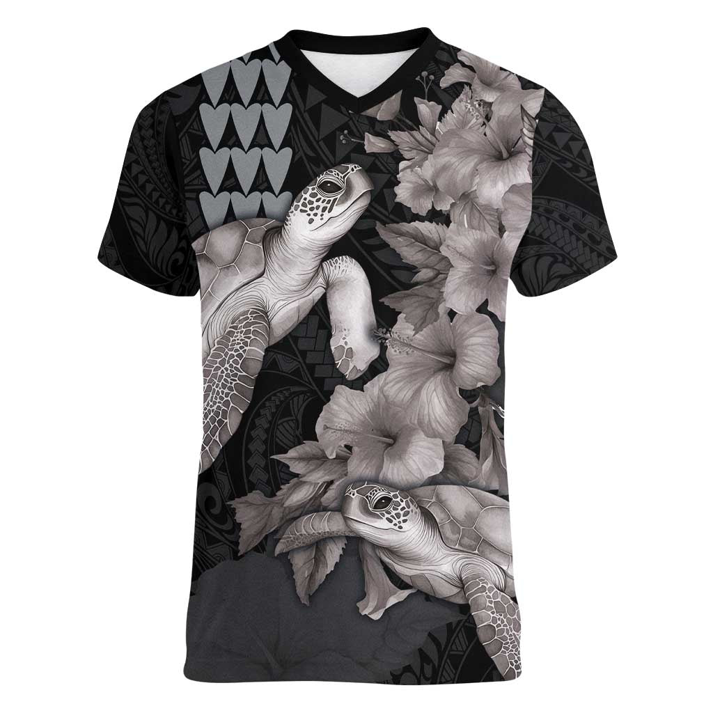 Hawaiian Turtle Love Couple Women V-Neck T-Shirt - Sweet Hibiscus and Kakau Pattern Grayscale Color LT03 Female Black - Polynesian Pride
