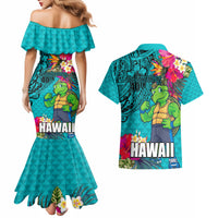 Hawaii Great Aloha Run 40th Anniversary Couples Matching Mermaid Dress and Hawaiian Shirt With Turtle Mascot Marathon Hibiscus and Kakau LT03 - Polynesian Pride