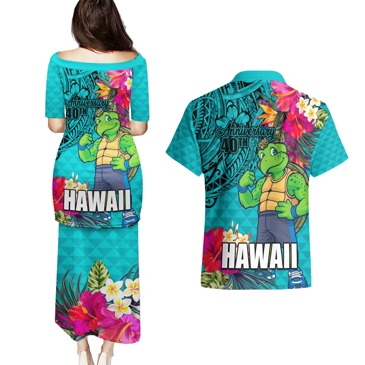 Hawaii Great Aloha Run 40th Anniversary Couples Matching Puletasi and Hawaiian Shirt With Turtle Mascot Marathon Hibiscus and Kakau LT03 - Polynesian Pride