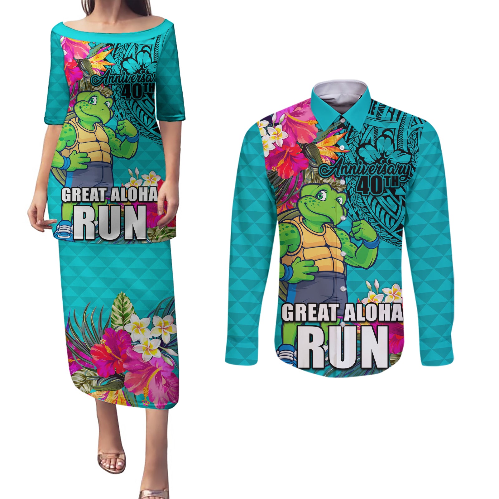 Hawaii Great Aloha Run 40th Anniversary Couples Matching Puletasi and Long Sleeve Button Shirt With Turtle Mascot Marathon Hibiscus and Kakau LT03 Turquoise - Polynesian Pride