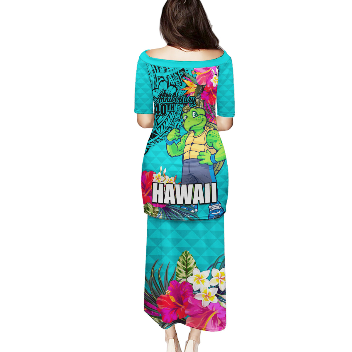 Hawaii Great Aloha Run 40th Anniversary Family Matching Puletasi and Hawaiian Shirt With Turtle Mascot Marathon Hibiscus and Kakau LT03 - Polynesian Pride