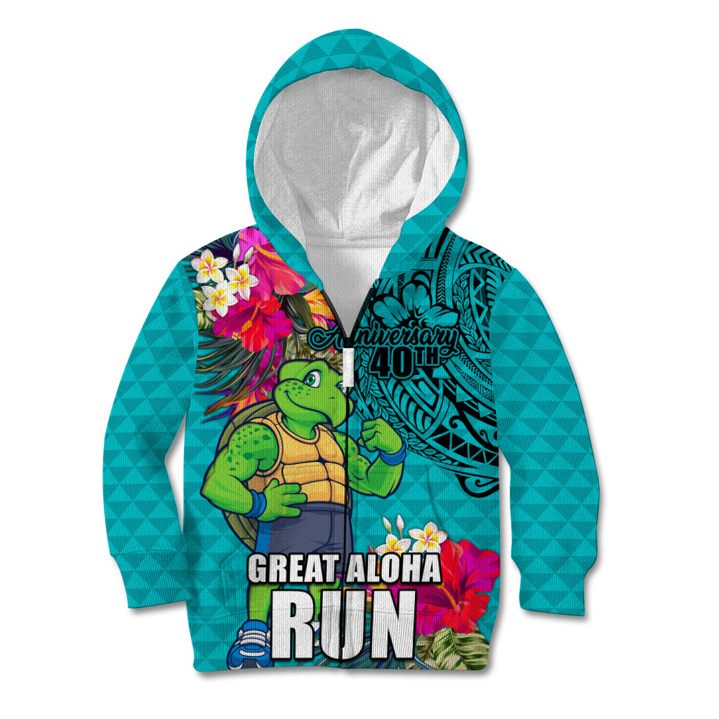 Hawaii Great Aloha Run 40th Anniversary Kid Hoodie With Turtle Mascot Marathon Hibiscus and Kakau LT03 Zip Hoodie Turquoise - Polynesian Pride