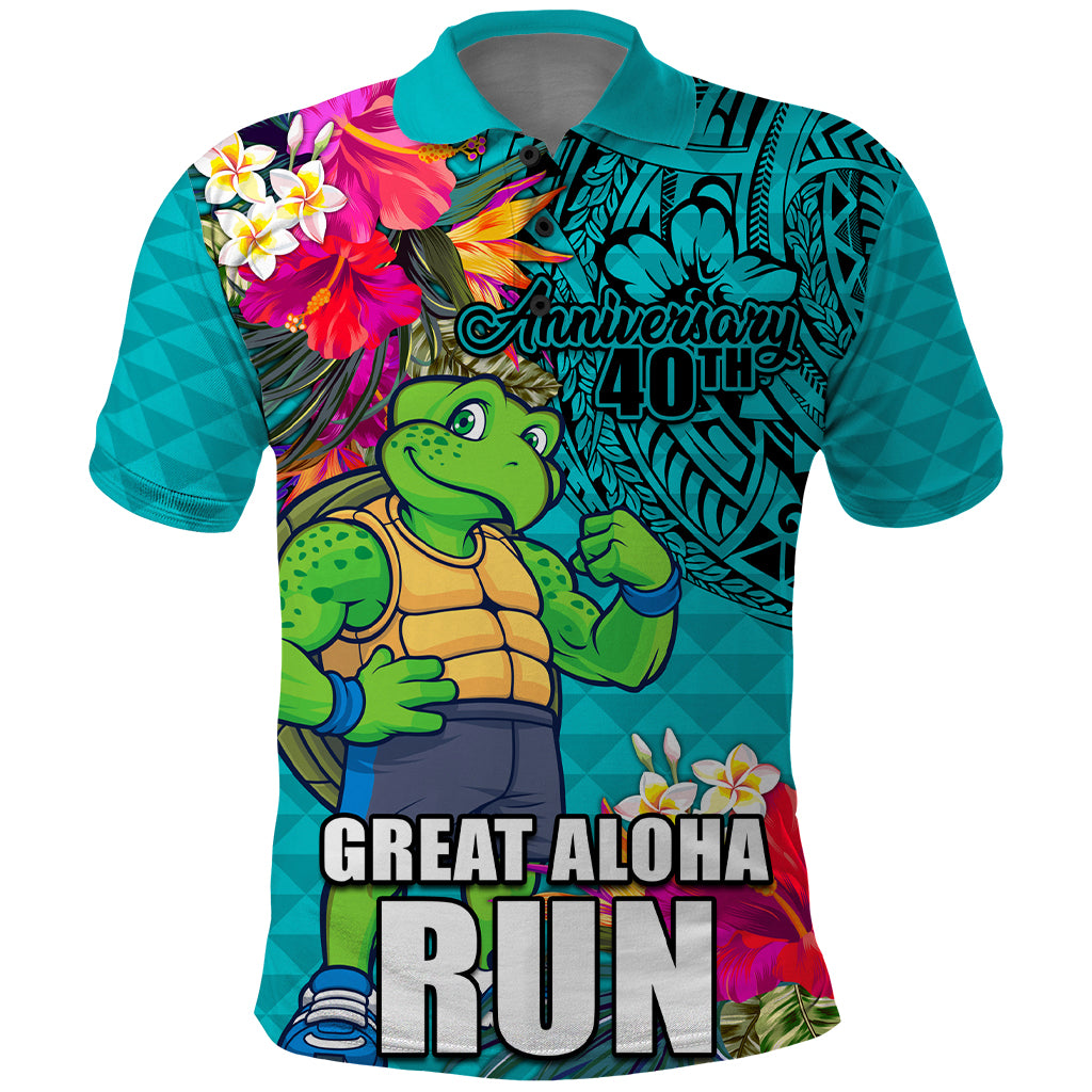 Hawaii Great Aloha Run 40th Anniversary Polo Shirt With Turtle Mascot Marathon Hibiscus and Kakau LT03 Turquoise - Polynesian Pride