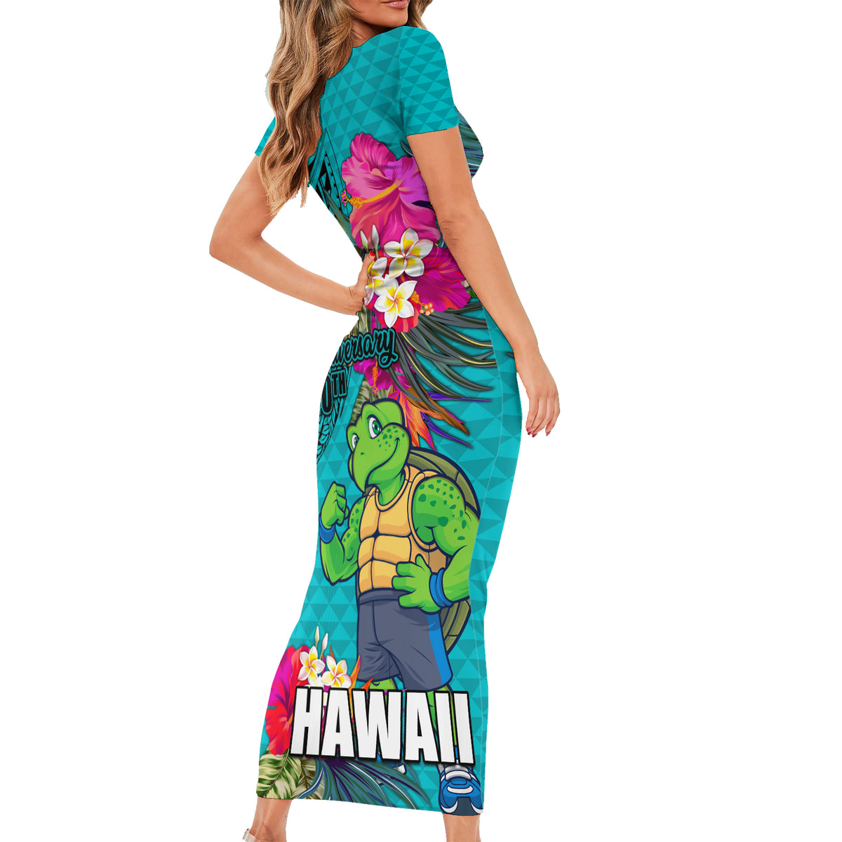 Hawaii Great Aloha Run 40th Anniversary Short Sleeve Bodycon Dress With Turtle Mascot Marathon Hibiscus and Kakau LT03 - Polynesian Pride