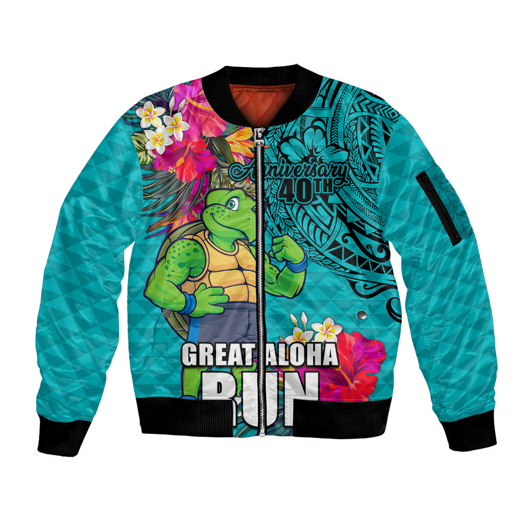Hawaii Great Aloha Run 40th Anniversary Sleeve Zip Bomber Jacket With Turtle Mascot Marathon Hibiscus and Kakau LT03 Unisex Turquoise - Polynesian Pride