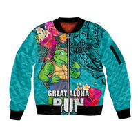Hawaii Great Aloha Run 40th Anniversary Sleeve Zip Bomber Jacket With Turtle Mascot Marathon Hibiscus and Kakau LT03 Unisex Turquoise - Polynesian Pride