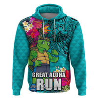 Hawaii Great Aloha Run 40th Anniversary Zip Hoodie With Turtle Mascot Marathon Hibiscus and Kakau LT03 Pullover Hoodie Turquoise - Polynesian Pride