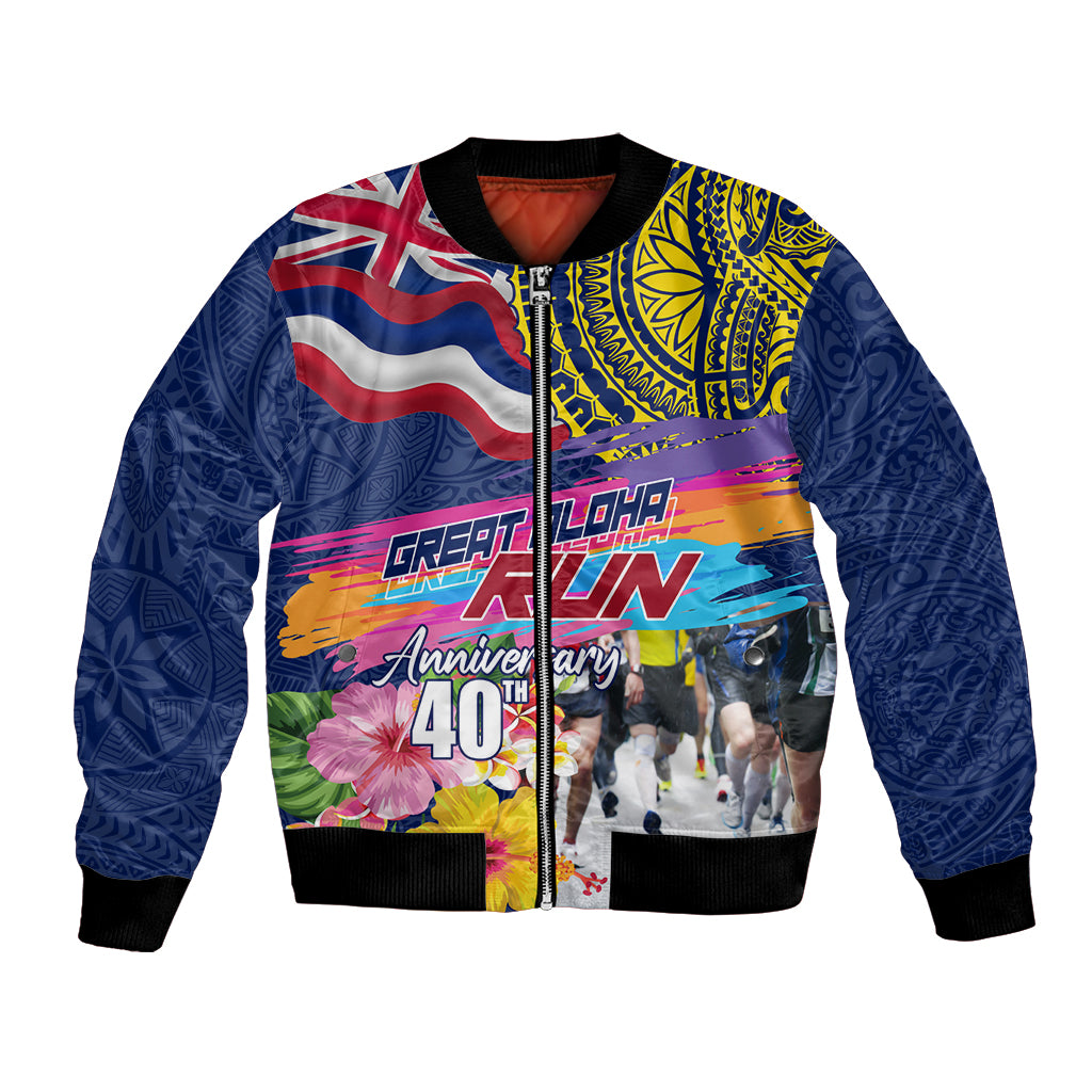 Hawaii Great Aloha Run 40th Anniversary Bomber Jacket Hibiscus and Kakau Pattern LT03 Unisex Blue - Polynesian Pride