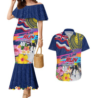 Hawaii Great Aloha Run 40th Anniversary Couples Matching Mermaid Dress and Hawaiian Shirt Hibiscus and Kakau Pattern LT03 Blue - Polynesian Pride
