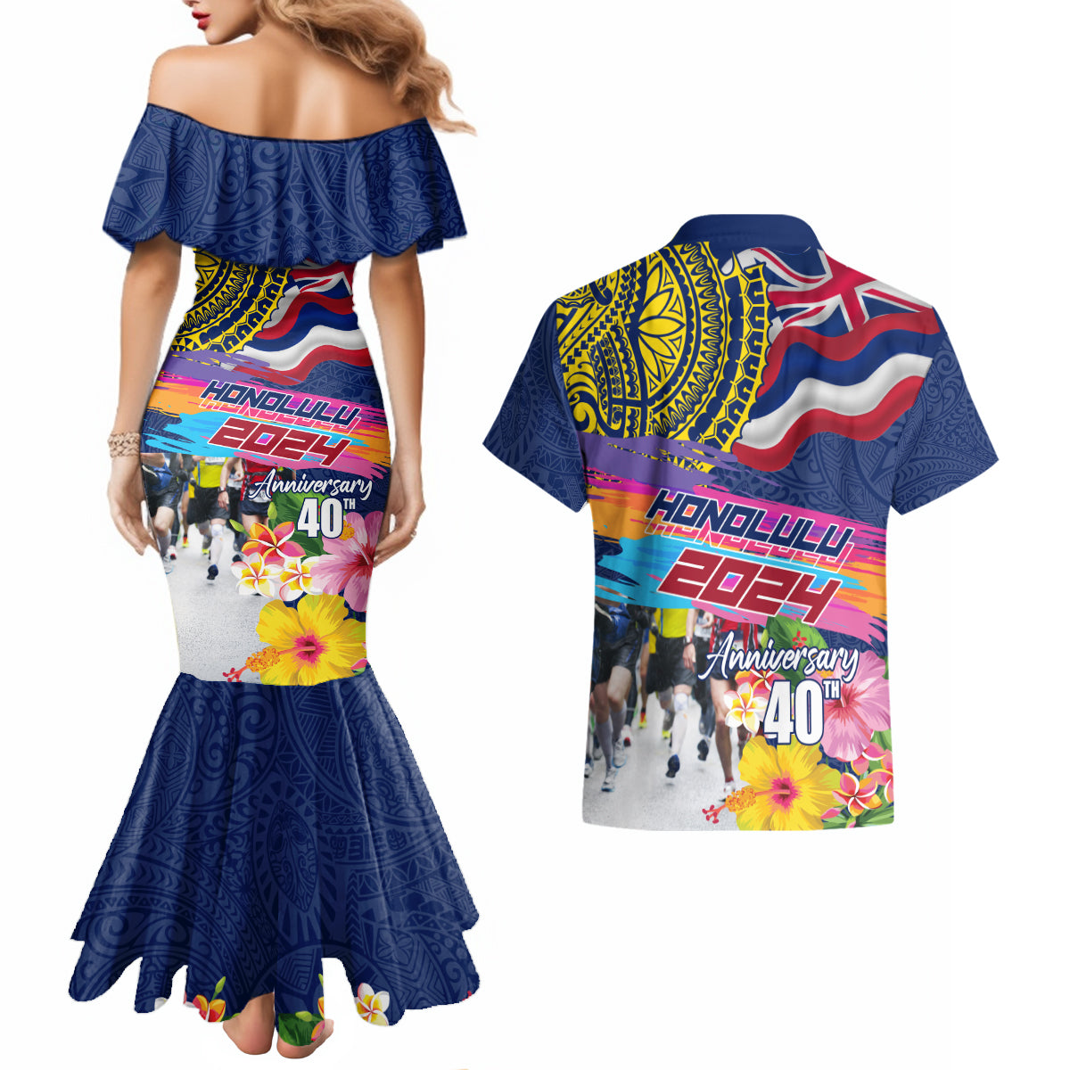 Hawaii Great Aloha Run 40th Anniversary Couples Matching Mermaid Dress and Hawaiian Shirt Hibiscus and Kakau Pattern LT03 - Polynesian Pride