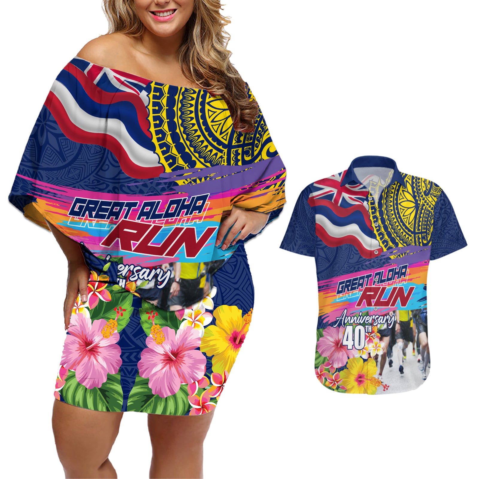 Hawaii Great Aloha Run 40th Anniversary Couples Matching Off Shoulder Short Dress and Hawaiian Shirt Hibiscus and Kakau Pattern LT03 Blue - Polynesian Pride