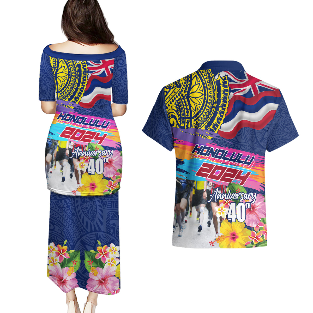 Hawaii Great Aloha Run 40th Anniversary Couples Matching Puletasi and Hawaiian Shirt Hibiscus and Kakau Pattern LT03 - Polynesian Pride