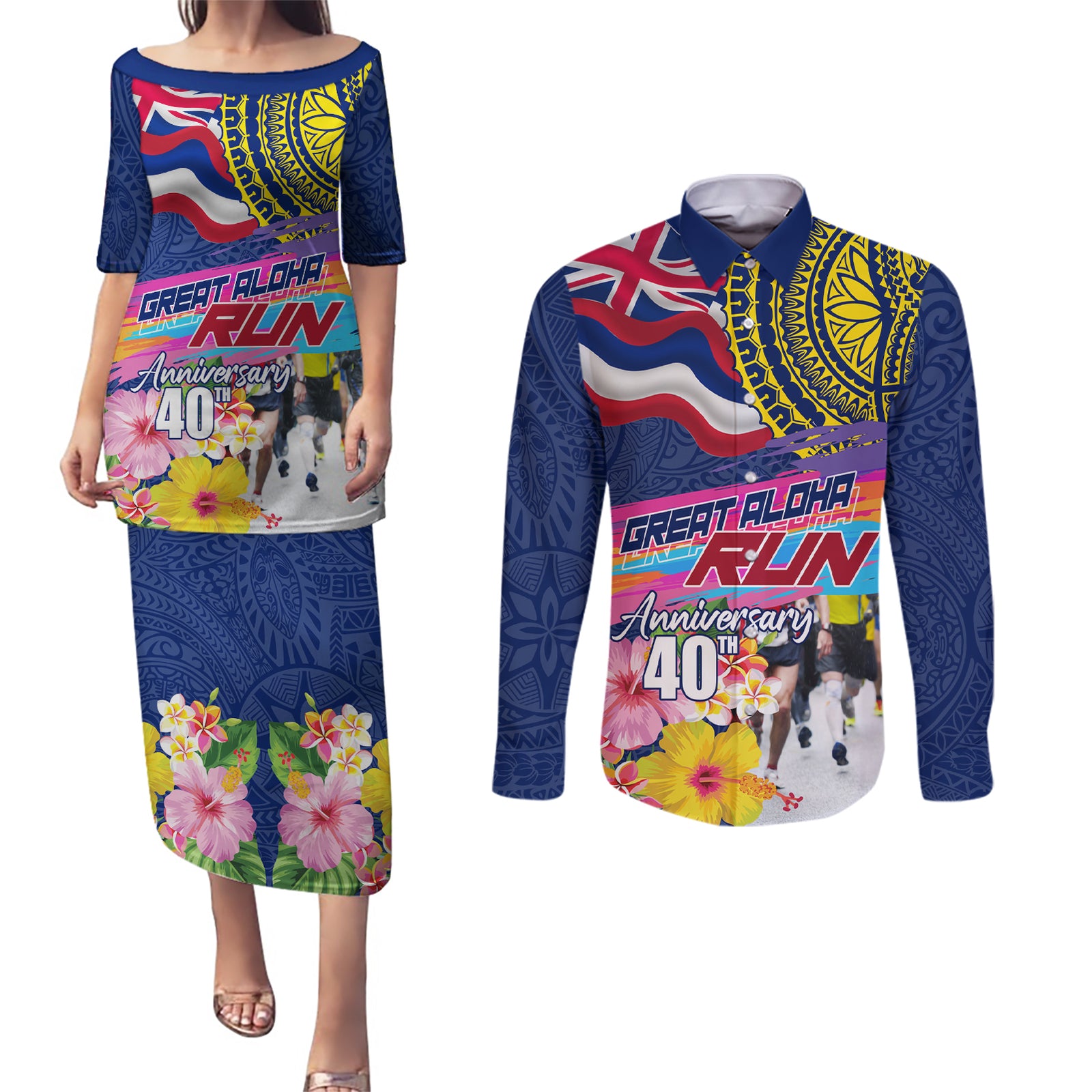Hawaii Great Aloha Run 40th Anniversary Couples Matching Puletasi and Long Sleeve Button Shirt Hibiscus and Kakau Pattern LT03 Blue - Polynesian Pride