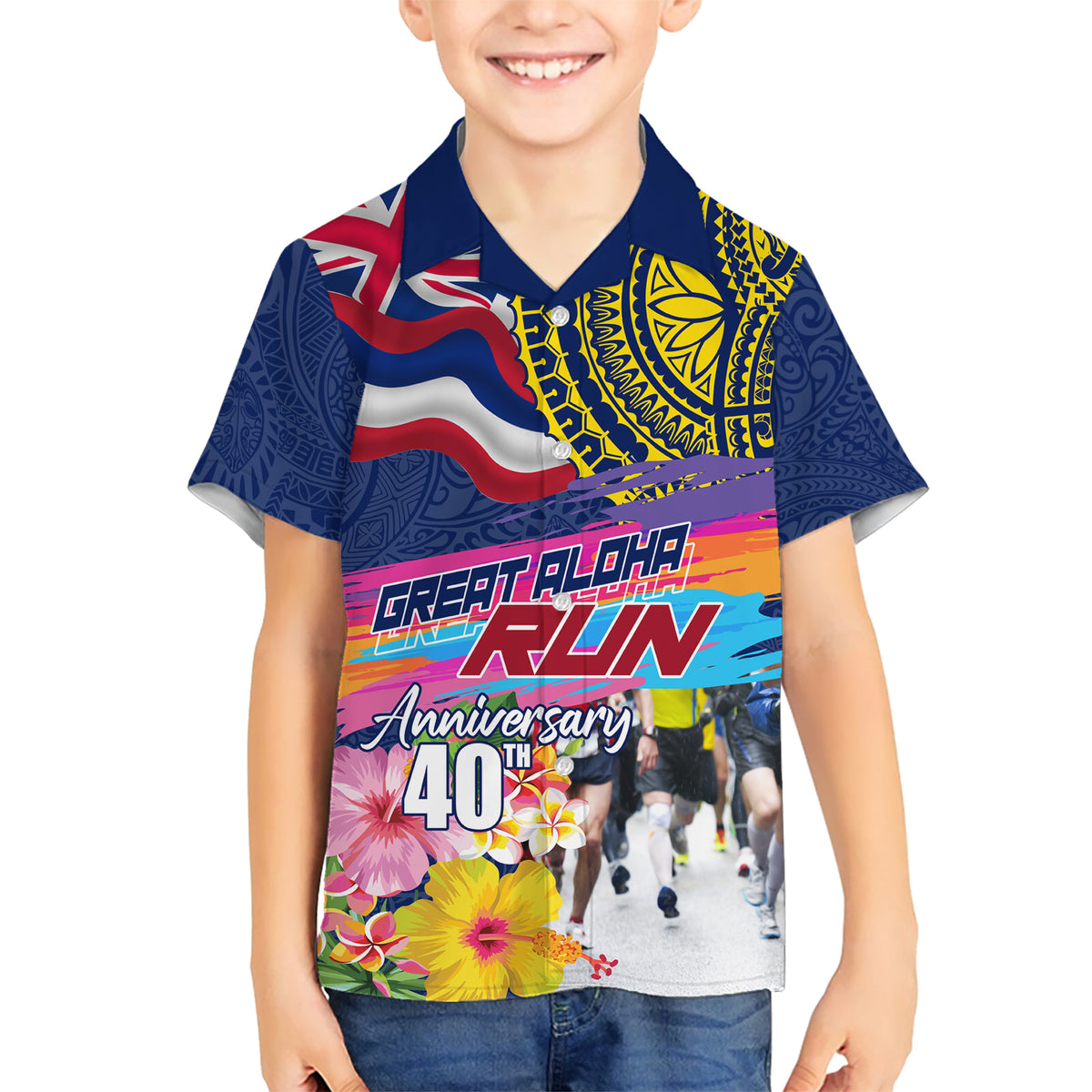 Hawaii Great Aloha Run 40th Anniversary Kid Hawaiian Shirt Hibiscus and Kakau Pattern LT03 Kid Blue - Polynesian Pride