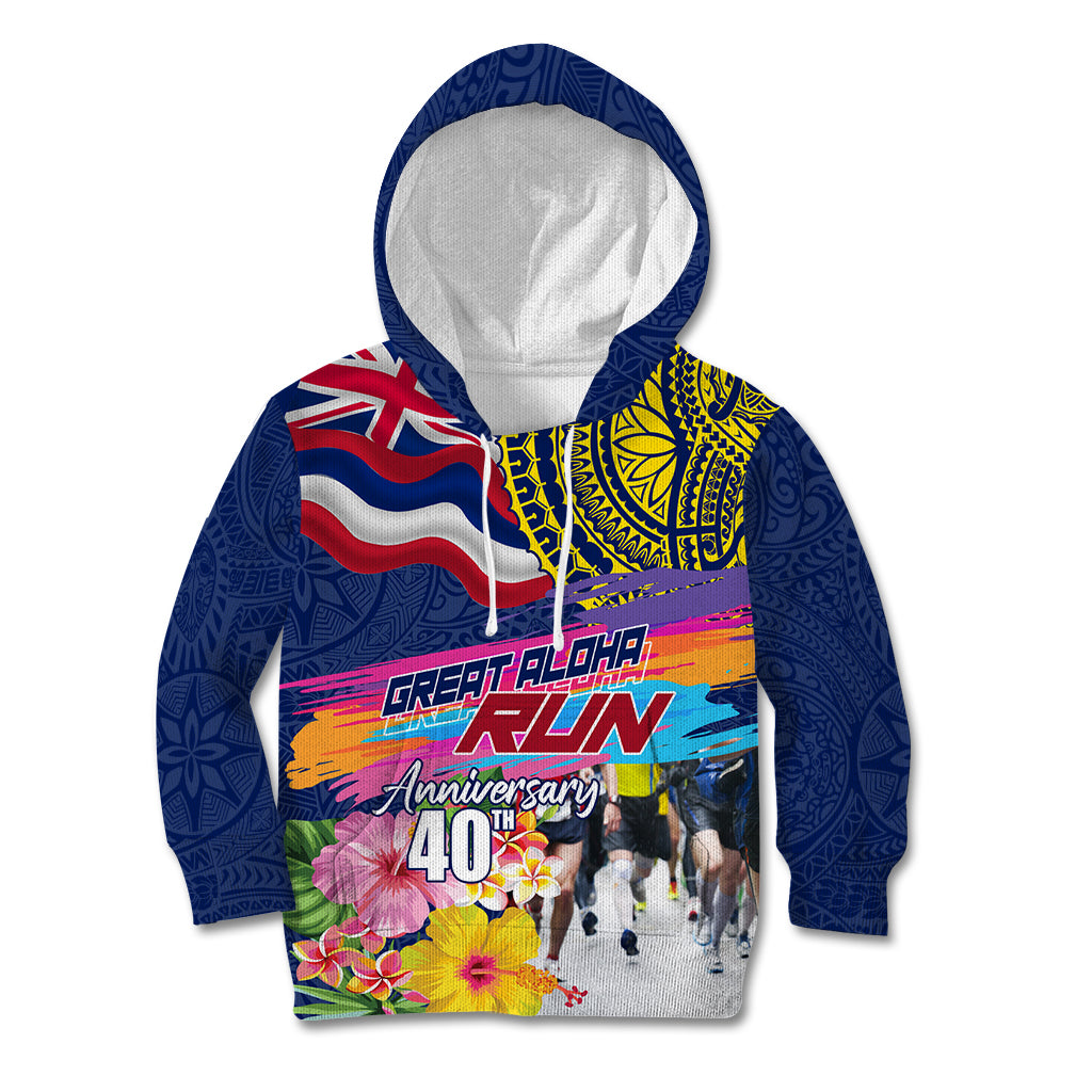 Hawaii Great Aloha Run 40th Anniversary Kid Hoodie Hibiscus and Kakau Pattern LT03 Hoodie Blue - Polynesian Pride