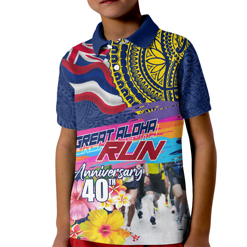Hawaii Great Aloha Run 40th Anniversary Kid Polo Shirt Hibiscus and Kakau Pattern LT03 Kid Blue - Polynesian Pride
