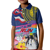 Hawaii Great Aloha Run 40th Anniversary Kid Polo Shirt Hibiscus and Kakau Pattern LT03 Kid Blue - Polynesian Pride