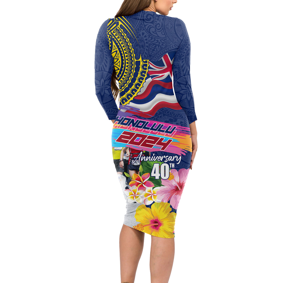Hawaii Great Aloha Run 40th Anniversary Long Sleeve Bodycon Dress Hibiscus and Kakau Pattern LT03 - Polynesian Pride