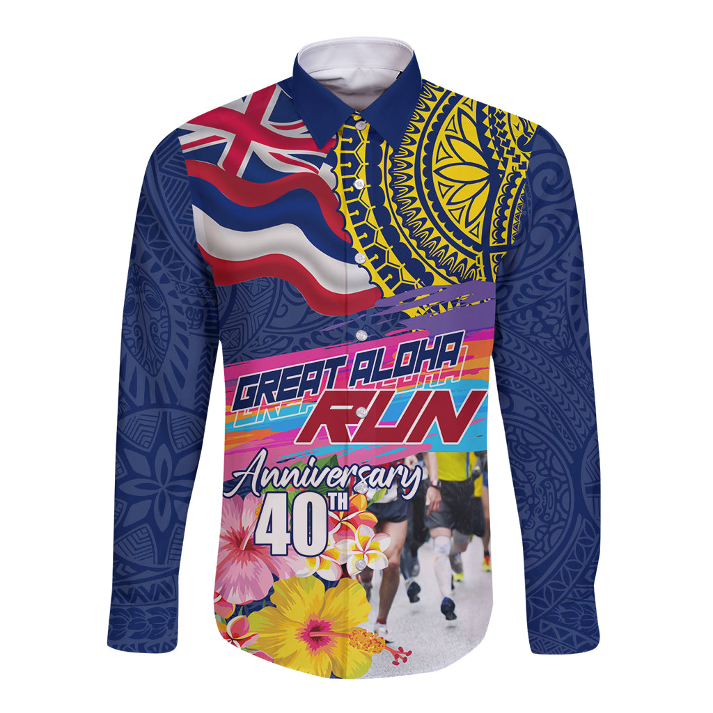 Hawaii Great Aloha Run 40th Anniversary Long Sleeve Button Shirt Hibiscus and Kakau Pattern LT03 Unisex Blue - Polynesian Pride