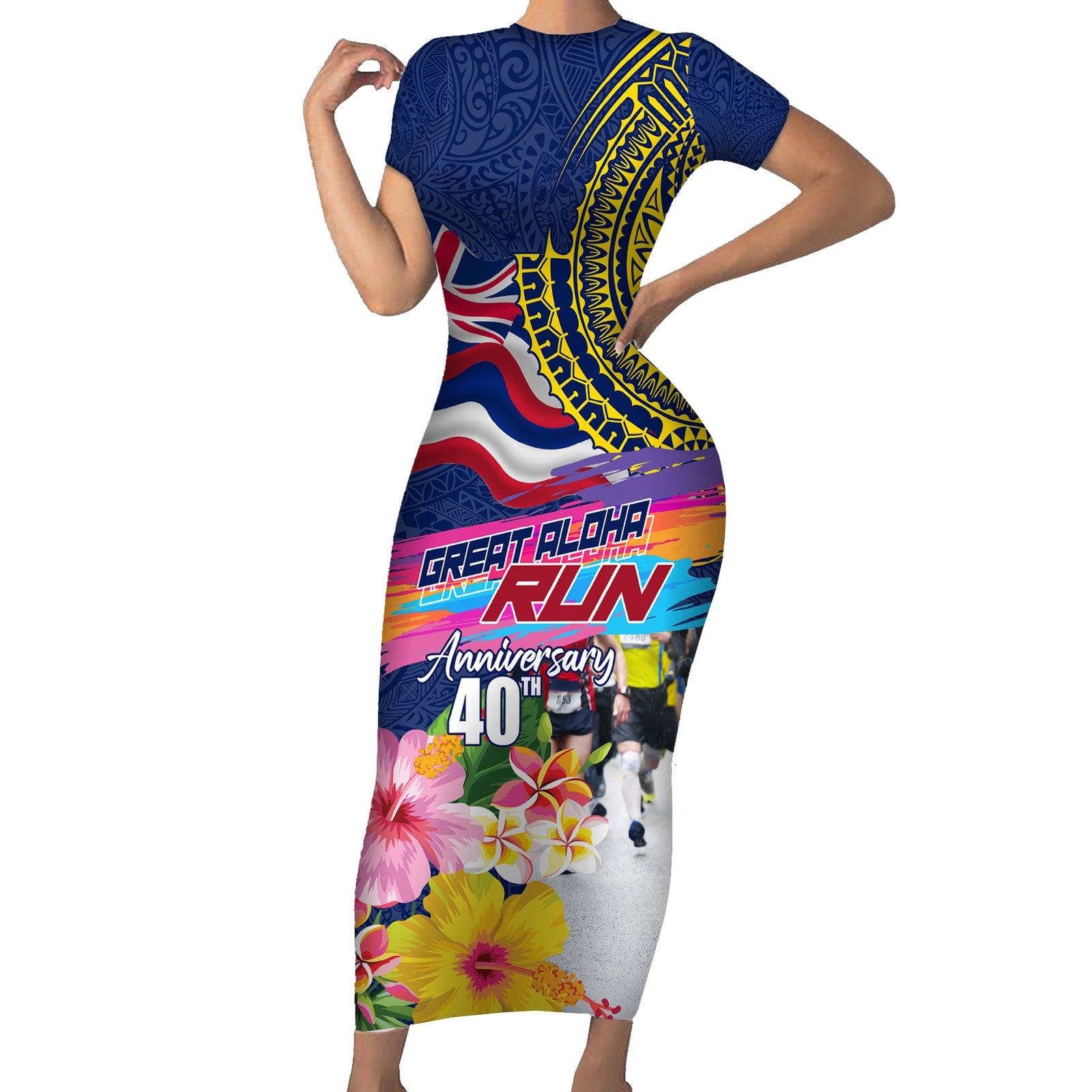 Hawaii Great Aloha Run 40th Anniversary Short Sleeve Bodycon Dress Hibiscus and Kakau Pattern LT03 Long Dress Blue - Polynesian Pride