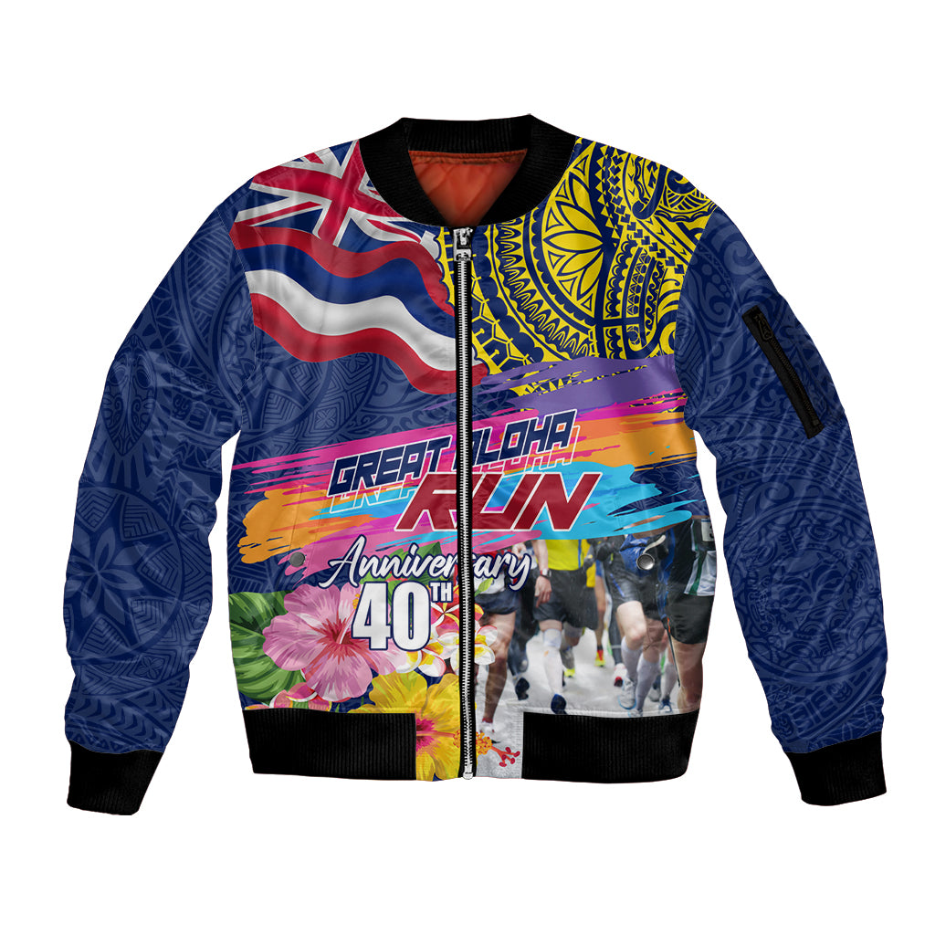 Hawaii Great Aloha Run 40th Anniversary Sleeve Zip Bomber Jacket Hibiscus and Kakau Pattern LT03 Unisex Blue - Polynesian Pride