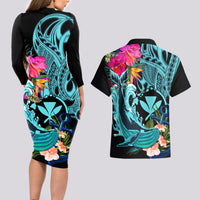 Hawaii Couples Matching Long Sleeve Bodycon Dress and Hawaiian Shirt Whale Mix Hibiscus and Kanaka Maoli LT03 - Polynesian Pride