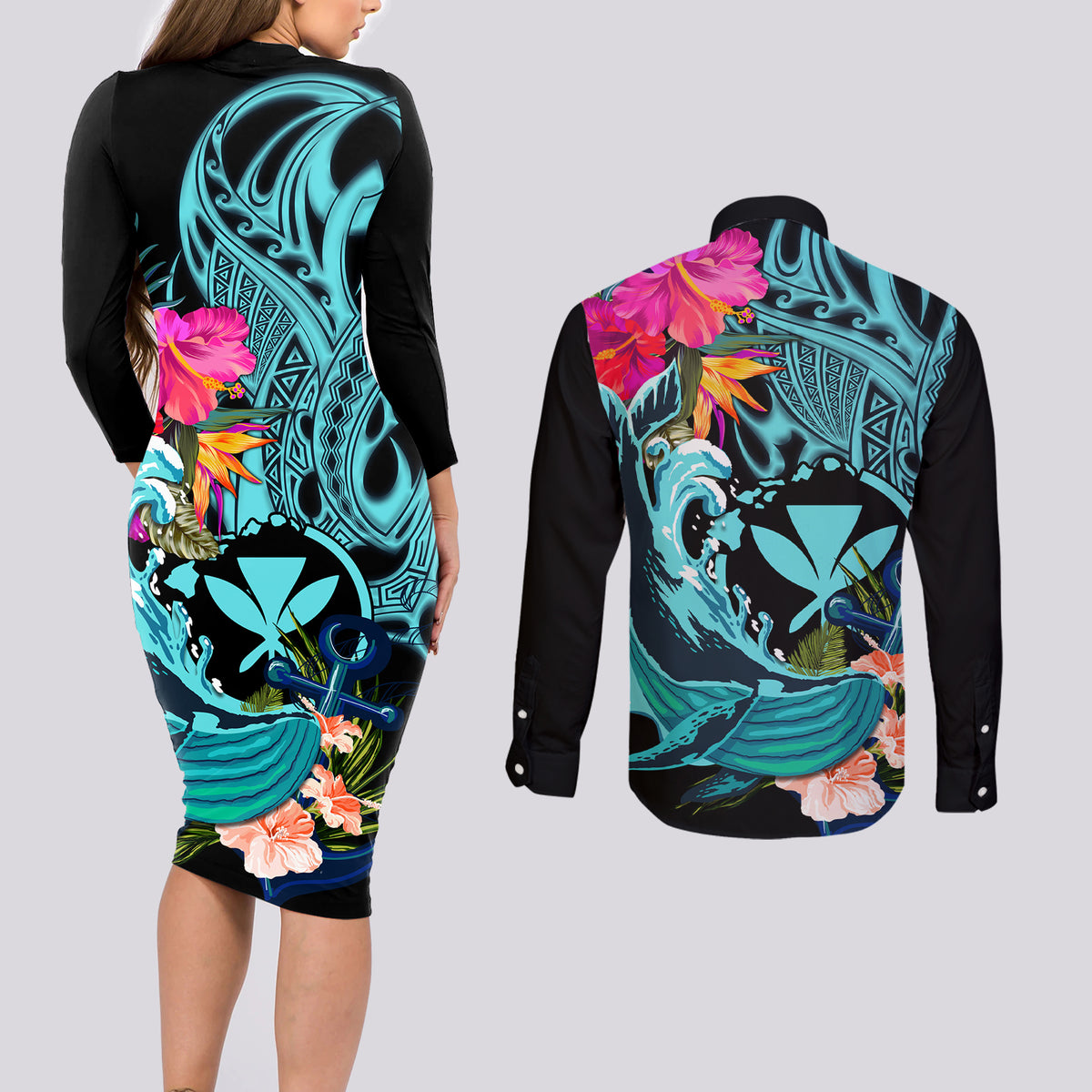 Hawaii Couples Matching Long Sleeve Bodycon Dress and Long Sleeve Button Shirt Whale Mix Hibiscus and Kanaka Maoli LT03 - Polynesian Pride