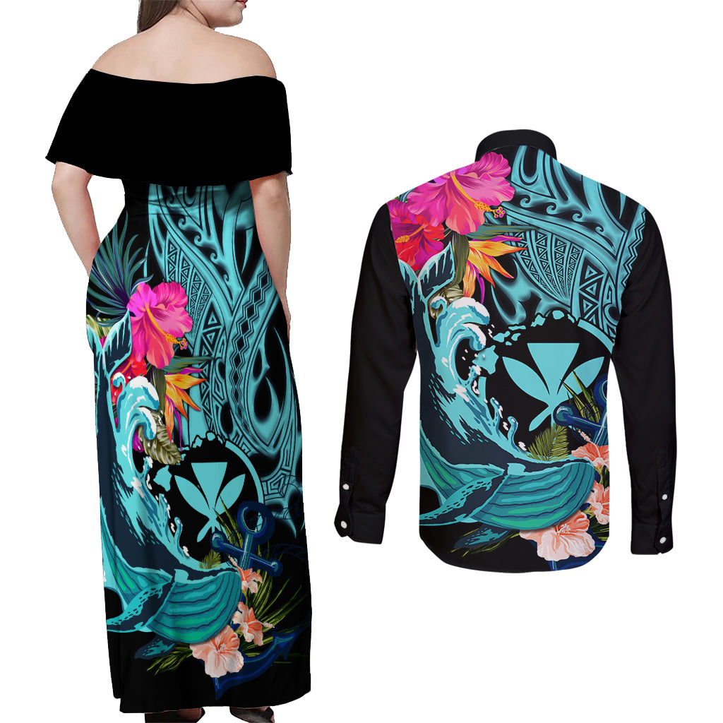 Hawaii Couples Matching Off Shoulder Maxi Dress and Long Sleeve Button Shirt Whale Mix Hibiscus and Kanaka Maoli LT03 - Polynesian Pride