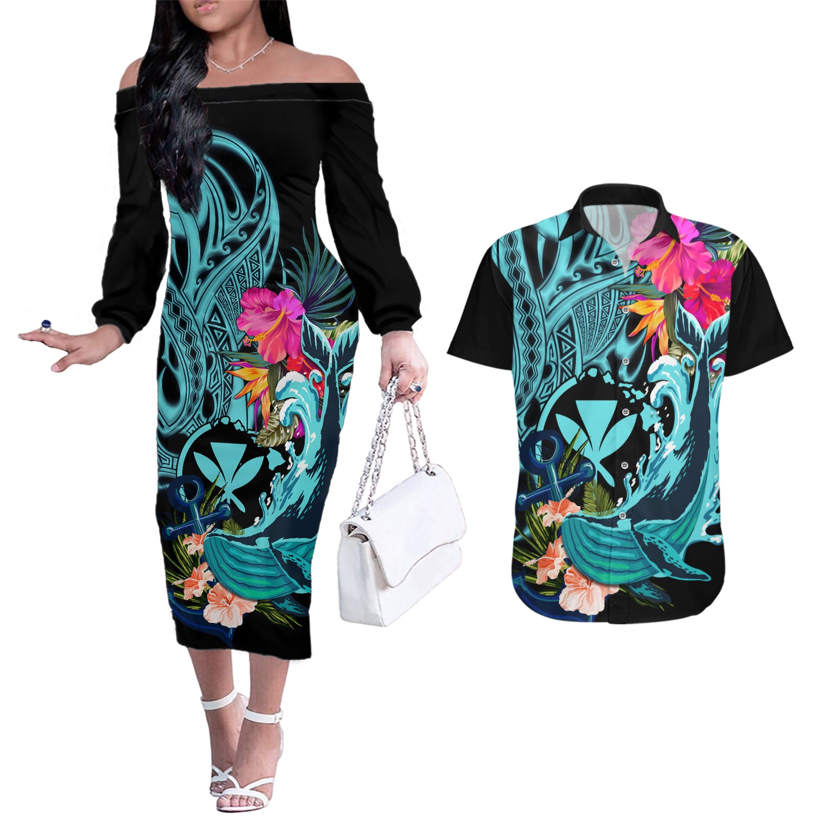 Hawaii Couples Matching Off The Shoulder Long Sleeve Dress and Hawaiian Shirt Whale Mix Hibiscus and Kanaka Maoli LT03 Black - Polynesian Pride