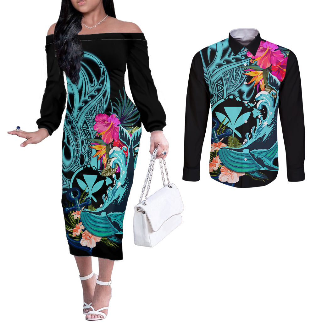 Hawaii Couples Matching Off The Shoulder Long Sleeve Dress and Long Sleeve Button Shirt Whale Mix Hibiscus and Kanaka Maoli LT03 Black - Polynesian Pride