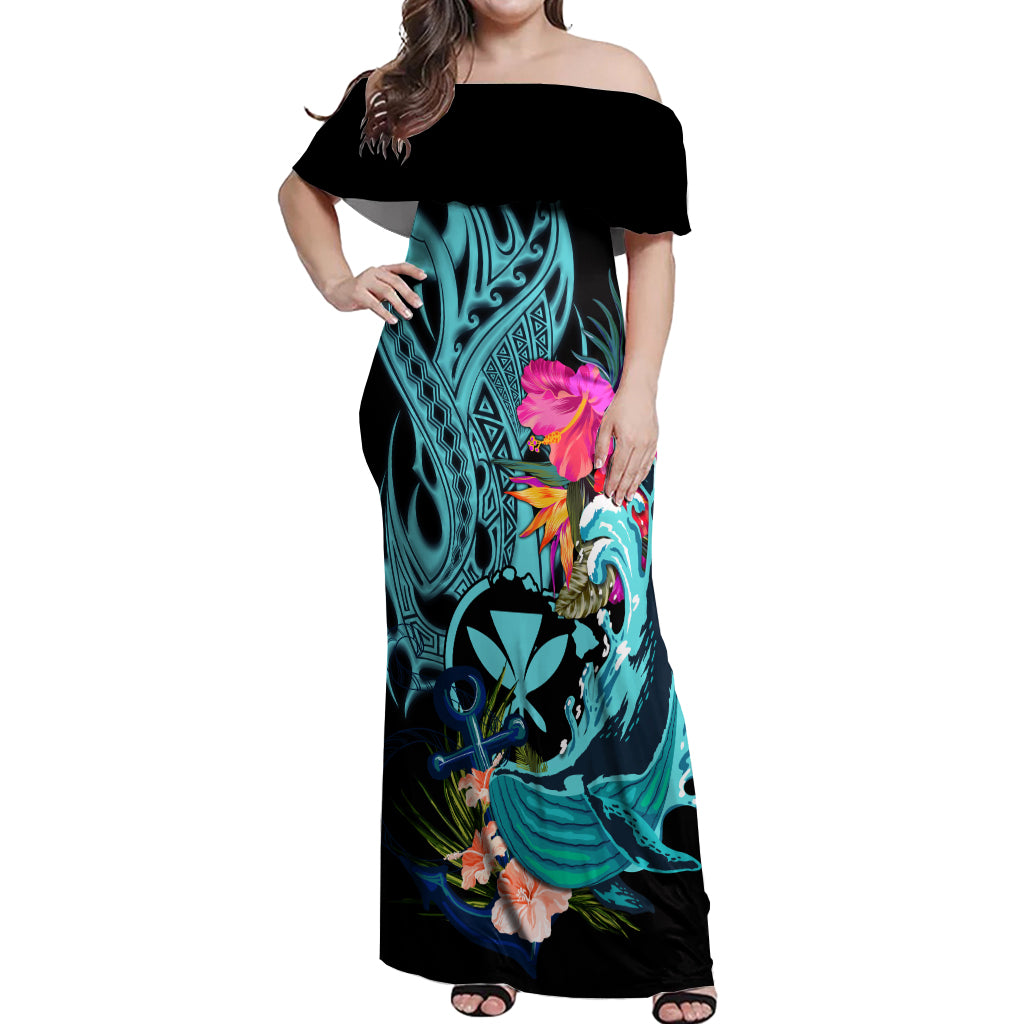 Hawaii Off Shoulder Maxi Dress Whale Mix Hibiscus and Kanaka Maoli LT03 Women Black - Polynesian Pride
