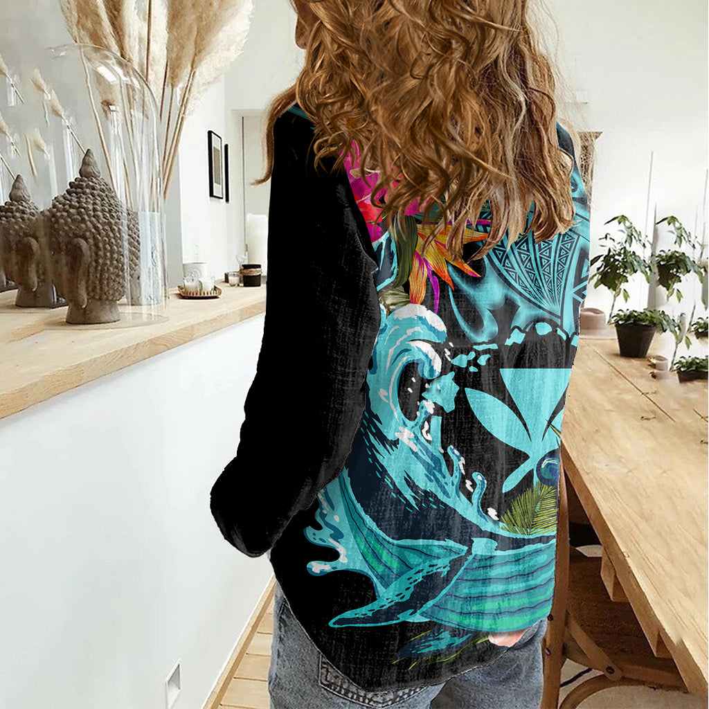 Hawaii Women Casual Shirt Whale Mix Hibiscus and Kanaka Maoli LT03 - Polynesian Pride