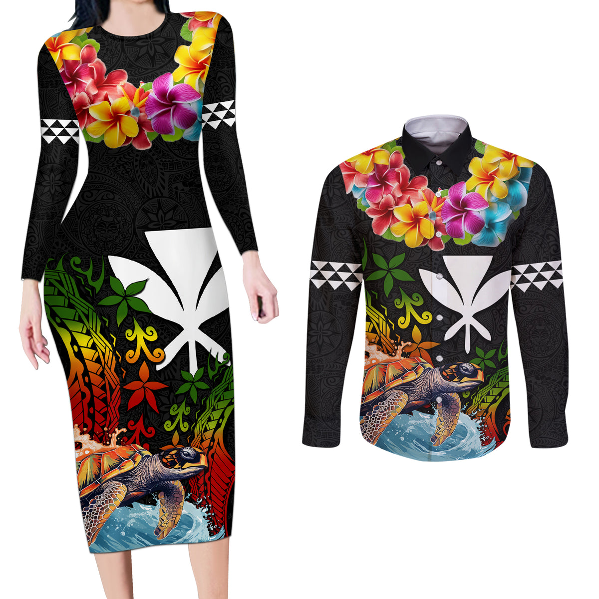 Hawaii Lei Day Couples Matching Long Sleeve Bodycon Dress and Long Sleeve Button Shirt Hibiscus Wreath and Polynesian Pattern LT03 Black - Polynesian Pride