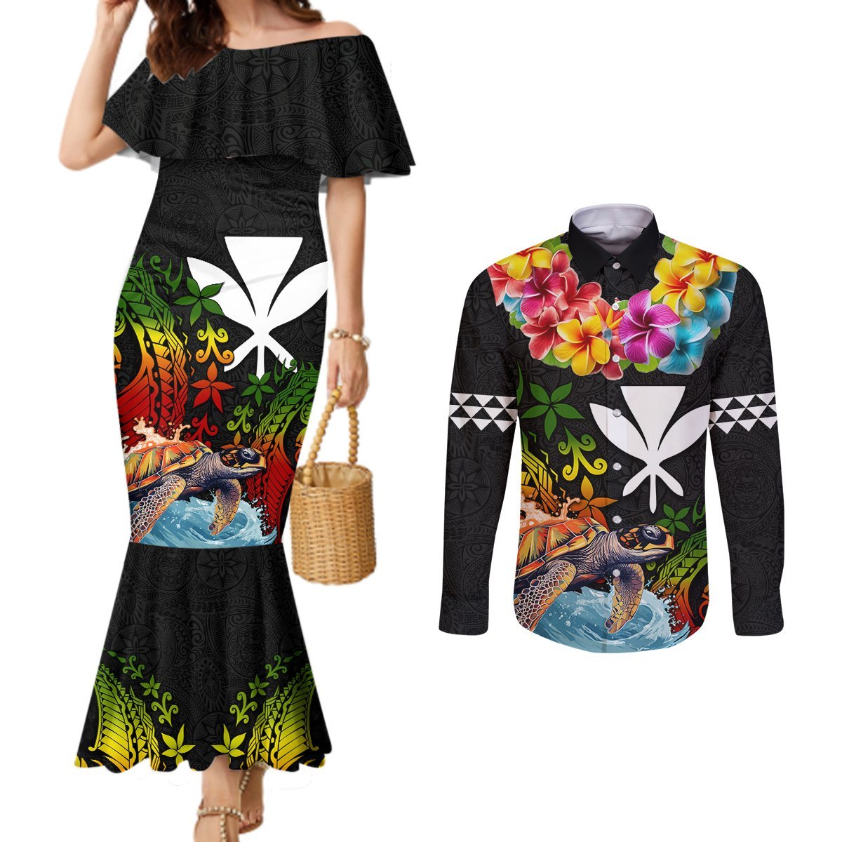 Hawaii Lei Day Couples Matching Mermaid Dress and Long Sleeve Button Shirt Hibiscus Wreath and Polynesian Pattern LT03 Black - Polynesian Pride
