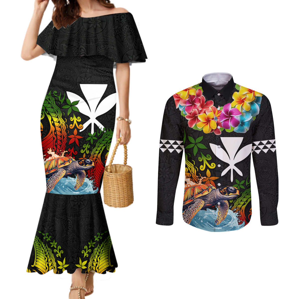 Hawaii Lei Day Couples Matching Mermaid Dress and Long Sleeve Button Shirt Hibiscus Wreath and Polynesian Pattern
