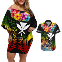 Hawaii Lei Day Couples Matching Off Shoulder Short Dress and Hawaiian Shirt Hibiscus Wreath and Polynesian Pattern LT03 Black - Polynesian Pride