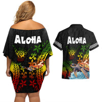 Hawaii Lei Day Couples Matching Off Shoulder Short Dress and Hawaiian Shirt Hibiscus Wreath and Polynesian Pattern LT03 - Polynesian Pride