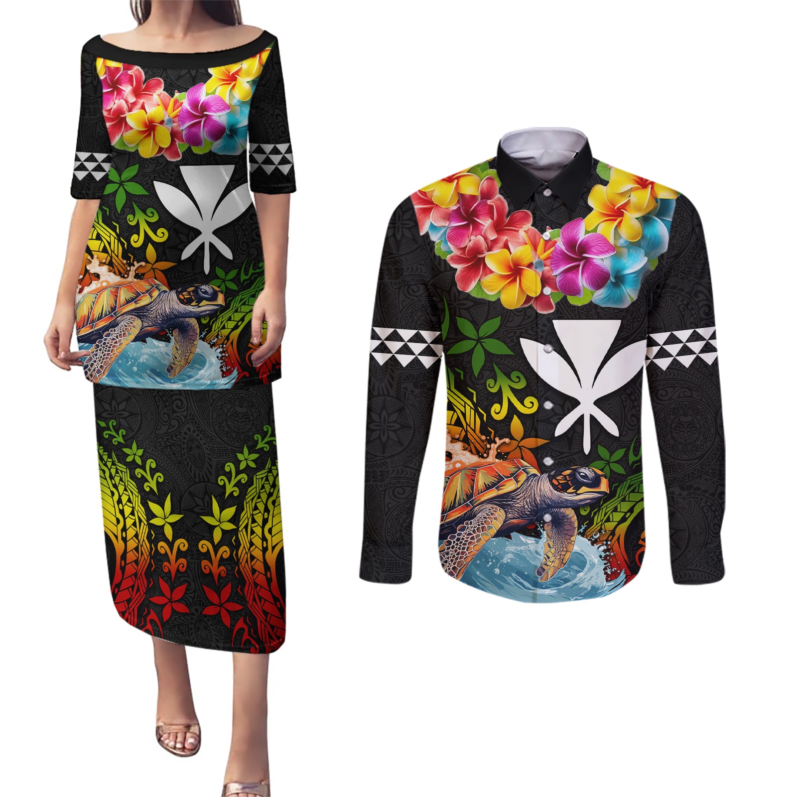 Hawaii Lei Day Couples Matching Puletasi and Long Sleeve Button Shirt Hibiscus Wreath and Polynesian Pattern