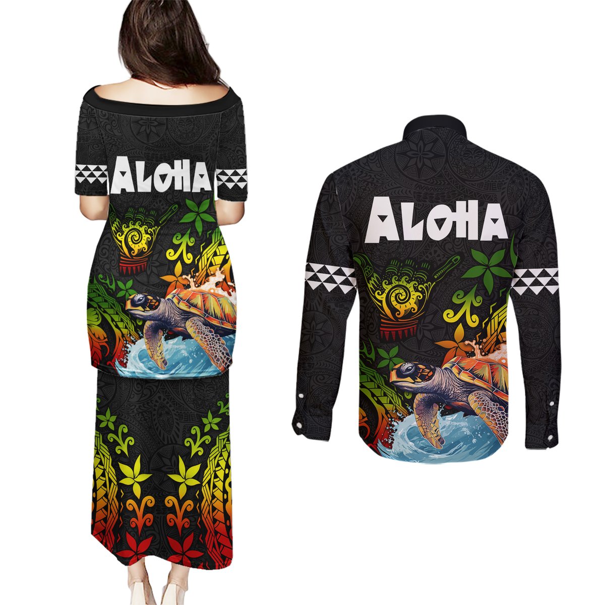 Hawaii Lei Day Couples Matching Puletasi and Long Sleeve Button Shirt Hibiscus Wreath and Polynesian Pattern LT03 - Polynesian Pride