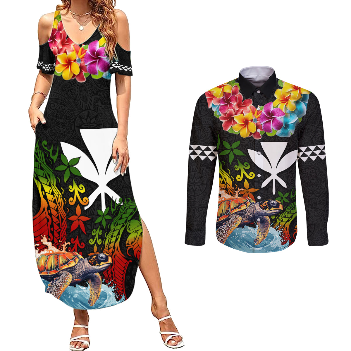Hawaii Lei Day Couples Matching Summer Maxi Dress and Long Sleeve Button Shirt Hibiscus Wreath and Polynesian Pattern