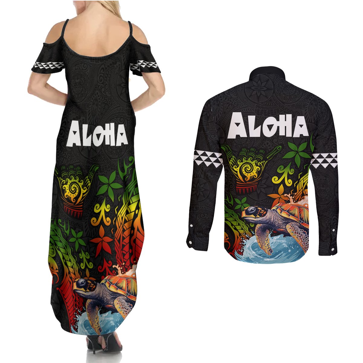 Hawaii Lei Day Couples Matching Summer Maxi Dress and Long Sleeve Button Shirt Hibiscus Wreath and Polynesian Pattern