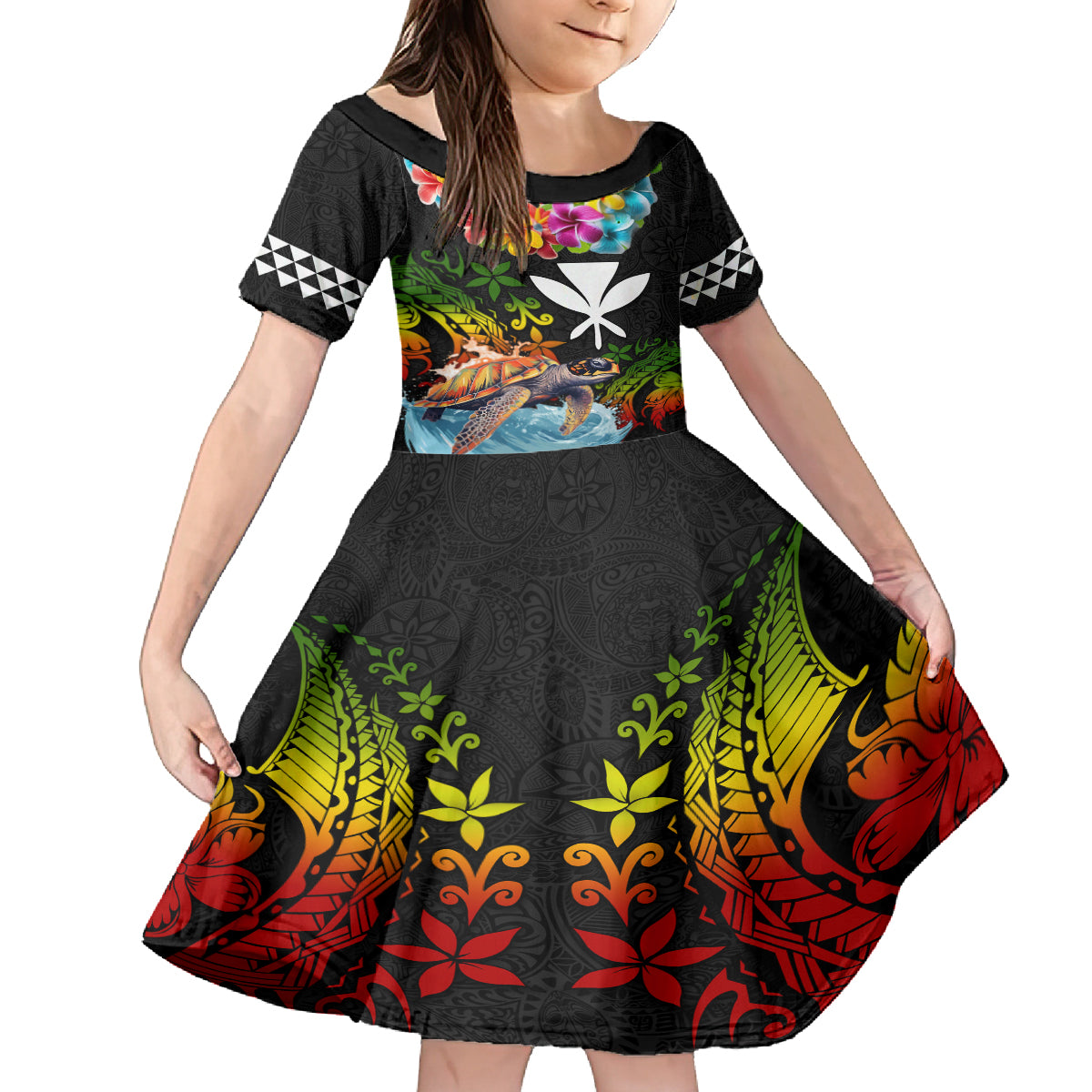 Hawaii Lei Day Family Matching Off The Shoulder Long Sleeve Dress and Hawaiian Shirt Hibiscus Wreath and Polynesian Pattern LT03 Daughter's Dress Black - Polynesian Pride